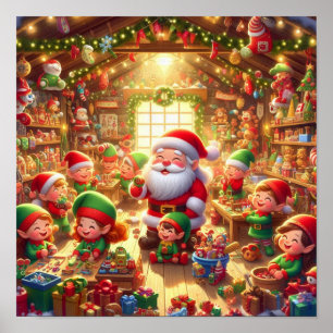 Affiche Père Noël et ses petits lutins mignons dans son at