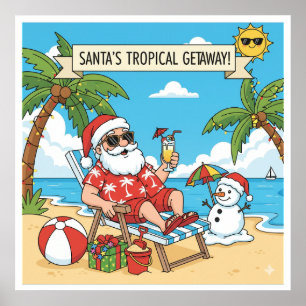 Affiche Père Noël et Snowman à la plage