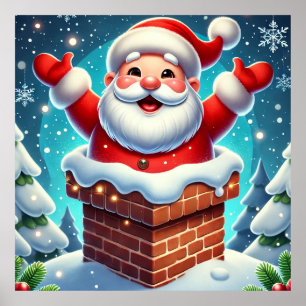 Affiche Père Noël festif sortant de la cheminée
