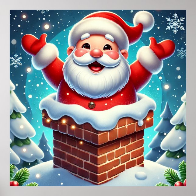 Affiche Père Noël festif sortant de la cheminée (Devant)