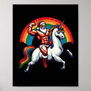 Affiche Père Noël gay chevauchant une licorne montre ses m