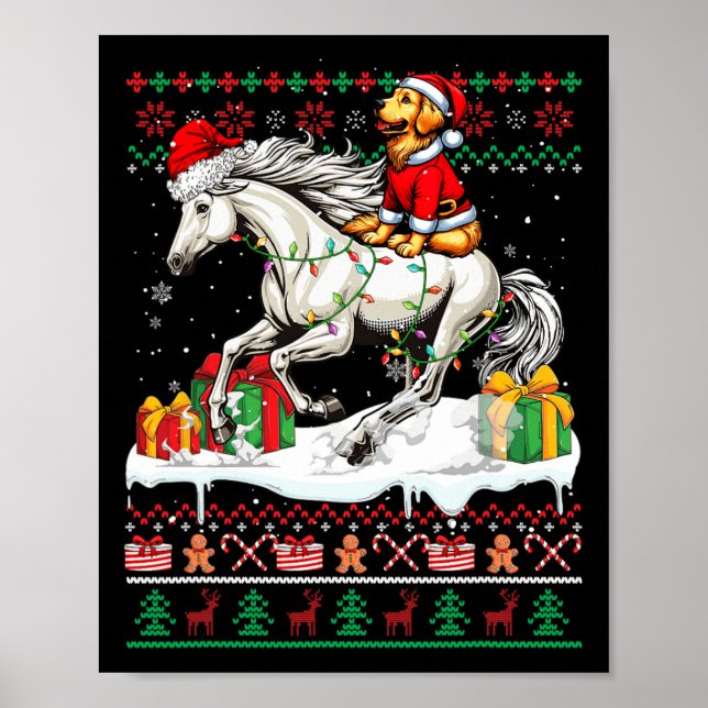 Affiche Père Noël Golden Retriever équitation Cheval Noël  (Devant)