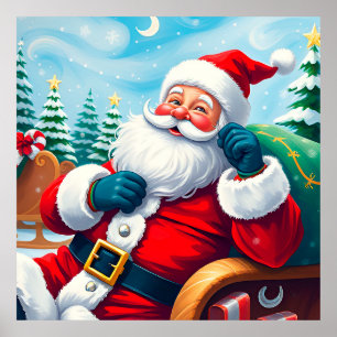 Affiche Père Noël heureux se détendant dans un traîneau fe