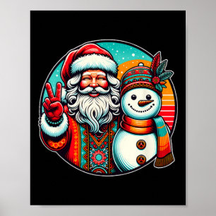 Affiche Père Noël Hippie Bonhomme de Neige Rétro Noël Bohè