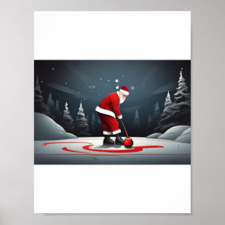 Affiche Père Noël jouant au Curling Rock