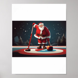 Affiche Père Noël jouant au Curling Rock
