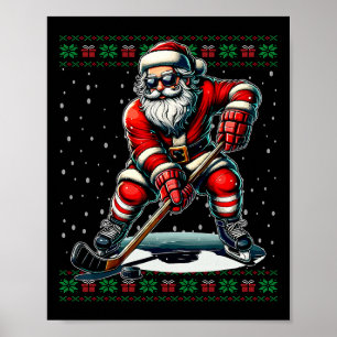 Affiche Père Noël jouant au hockey pull moche de Noël