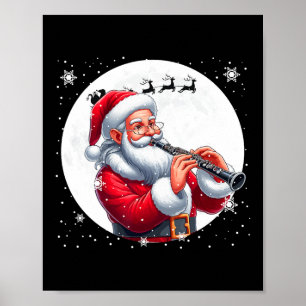 Affiche Père Noël Jouer Clarinet Xmas Moon Costume Instrum