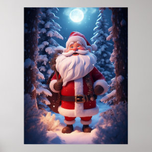 Affiche Père Noël joyeux dans une forêt enneigée