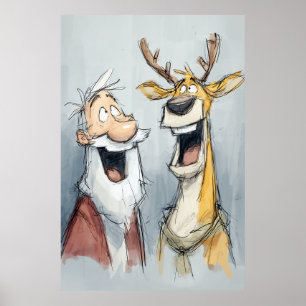 Affiche Père Noël joyeux et rennes rient