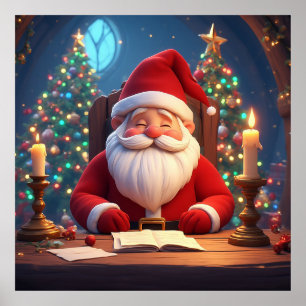 Affiche Père Noël lisant un livre à la lumière d'une bougi