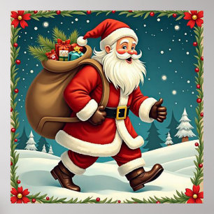 Affiche Père Noël livrant des cadeaux à travers une forêt 