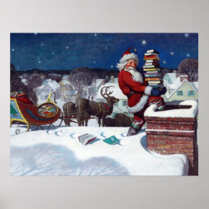 Affiche Père Noël livre une cargaison de livres par Wyeth