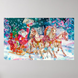 Affiche Père Noël Magique Cheval Sleigh Neige Nuit de Noël