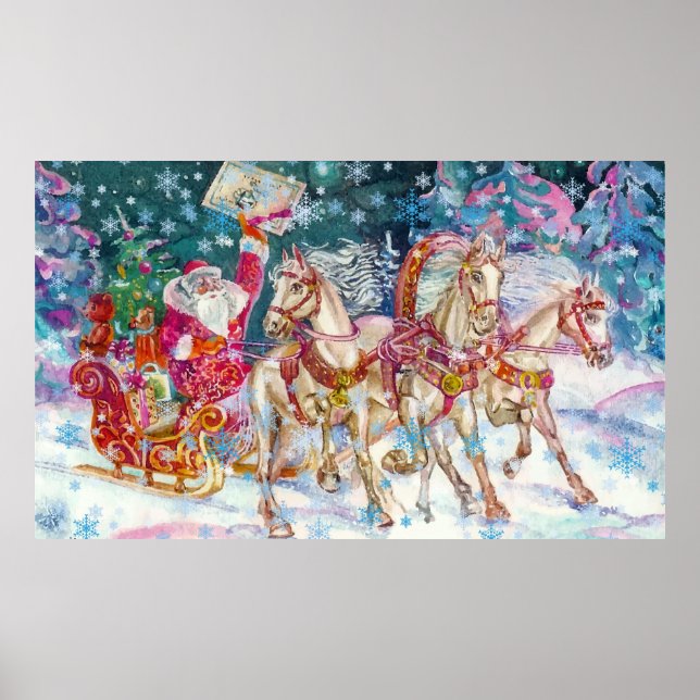 Affiche Père Noël Magique Cheval Sleigh Neige Nuit de Noël (Devant)