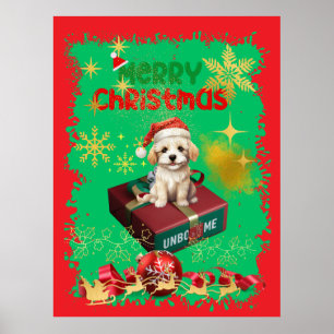 Affiche Père Noël Maltais assis sur une boîte cadeau.