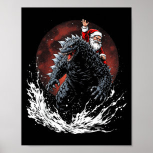 Affiche Père Noël montant le monstre japonais Kaiju pour l