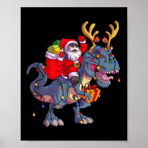 Affiche Père Noël montant un dinosaure T Rex Noël Xmas Équ