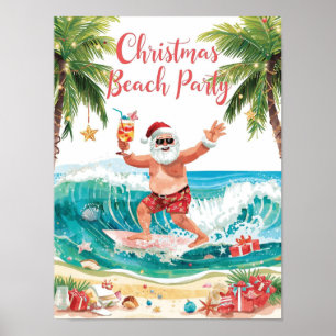Affiche Père Noël Noël en juillet sur le surfeur de plage