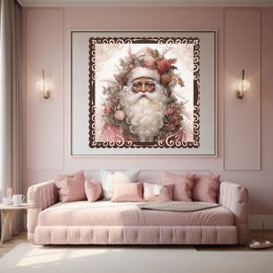 Affiche Père Noël noire florale en Noël rose