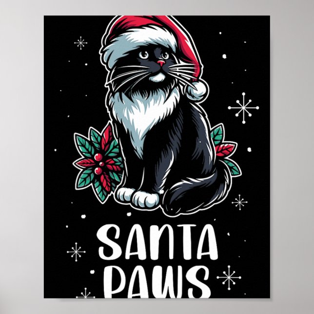 Affiche Père Noël Paws Tuxedo Chat portant le chapeau du P (Devant)
