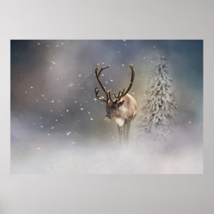 Affiche Père Noël Reindeer dans la neige