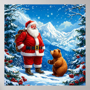 Affiche Père Noël rencontre un ours amical dans la montagn