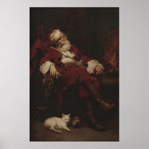 Affiche Père Noël Saint Nicolas se reposant à côté d'un ch