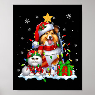 Affiche Père Noël Sheltie avec Elf Cat Noël Lumières Propr