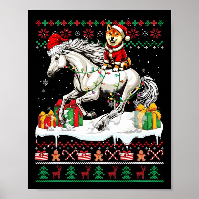 Affiche Père Noël Shiba Inu équitation Cheval Noël Sweat L (Devant)