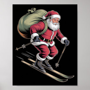 Affiche Père Noël skiant des pentes enneigées