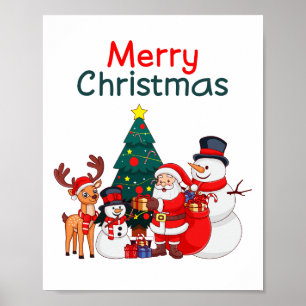 Affiche Père Noël Snowman Reindeer fête Joyeux Noël