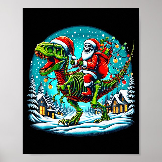 Affiche Père Noël squelette à cheval sur T Rex Dinosaur Fu (Devant)