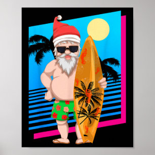 Affiche Père Noël surfeur d'été hawaïen Noël drôle de Noël