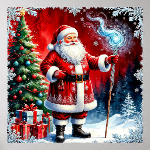 Affiche Père Noël tenant un bâton magique
