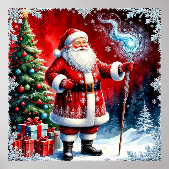 Affiche Père Noël tenant un bâton magique (Devant)
