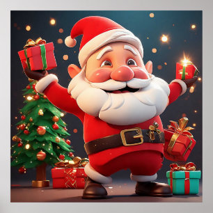 Affiche Père Noël tenant un cadeau