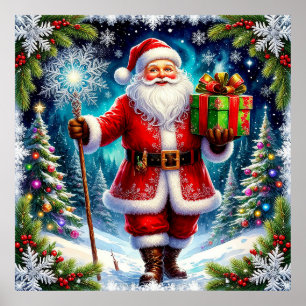 Affiche Père Noël tenant un cadeau dans un paysage hiverna