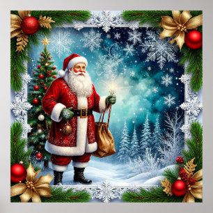 Affiche Père Noël traditionnel dans un pays des merveilles