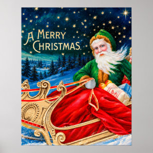 Affiche Père Noël vert vintage traîneau nuit étoilée Noël