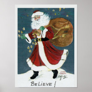 Affiche Père Noël vintage avec le sac Aquarelle Dessin Cro