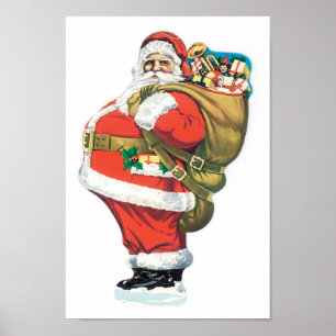 Affiche Père Noël vintage avec le sac des jouets