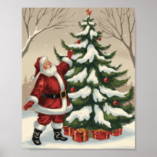 Affiche Père Noël vintage décorant un arbre de Noël