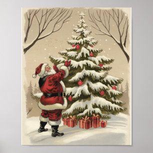 Affiche Père Noël vintage décorant un arbre de Noël