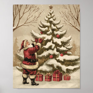 Affiche Père Noël vintage décorant un arbre de Noël