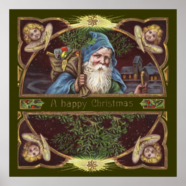 Affiche Père Noël vintage et anges (Devant)