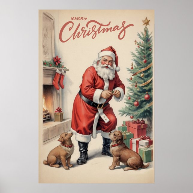 Affiche Père Noël vintage Et Chiens Joyeux Noël (Devant)