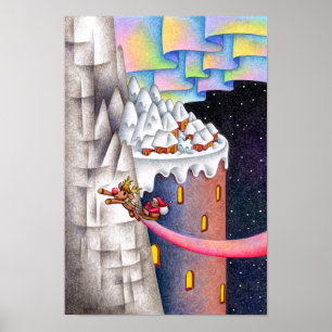 Affiche Père Noël volant et campagne enneigée.