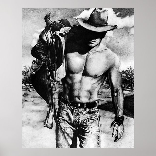 Affiche Perfect Abs Cowboy Robuste Portant Sa Selle (Devant)