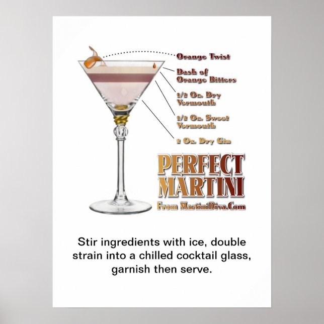 Affiche Perfect Martini Cocktail Recette Art "18 x 24" (Devant)